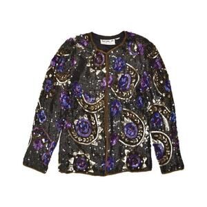 SCALA Floral Patchwork Silk Sequin Beaded Blazer Jacket Multicolored Size XL‎